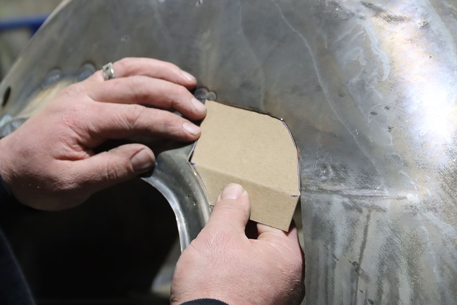 19 1967 Firebird cardboard template mocked on outer tub area to fabricate custom filler patch panel