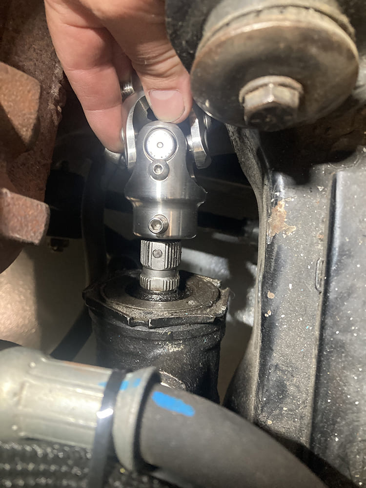 20 1964 Pontiac GTO splined steering box input shaft test fitted with stainless U joint for final alignment