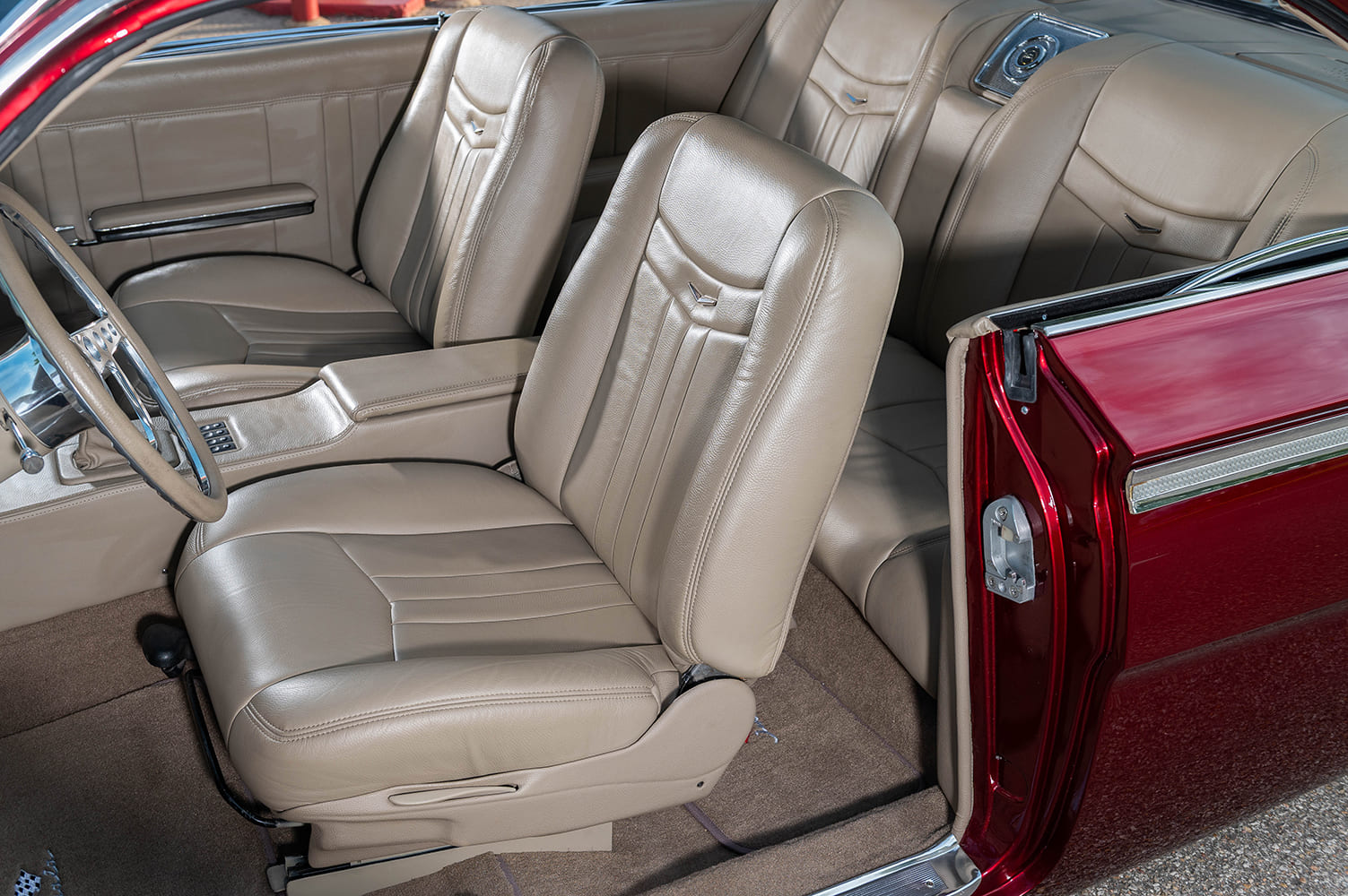 21 1962 Chevy Impala front bucket seats tan leather with console custom embroidery and clean stitching