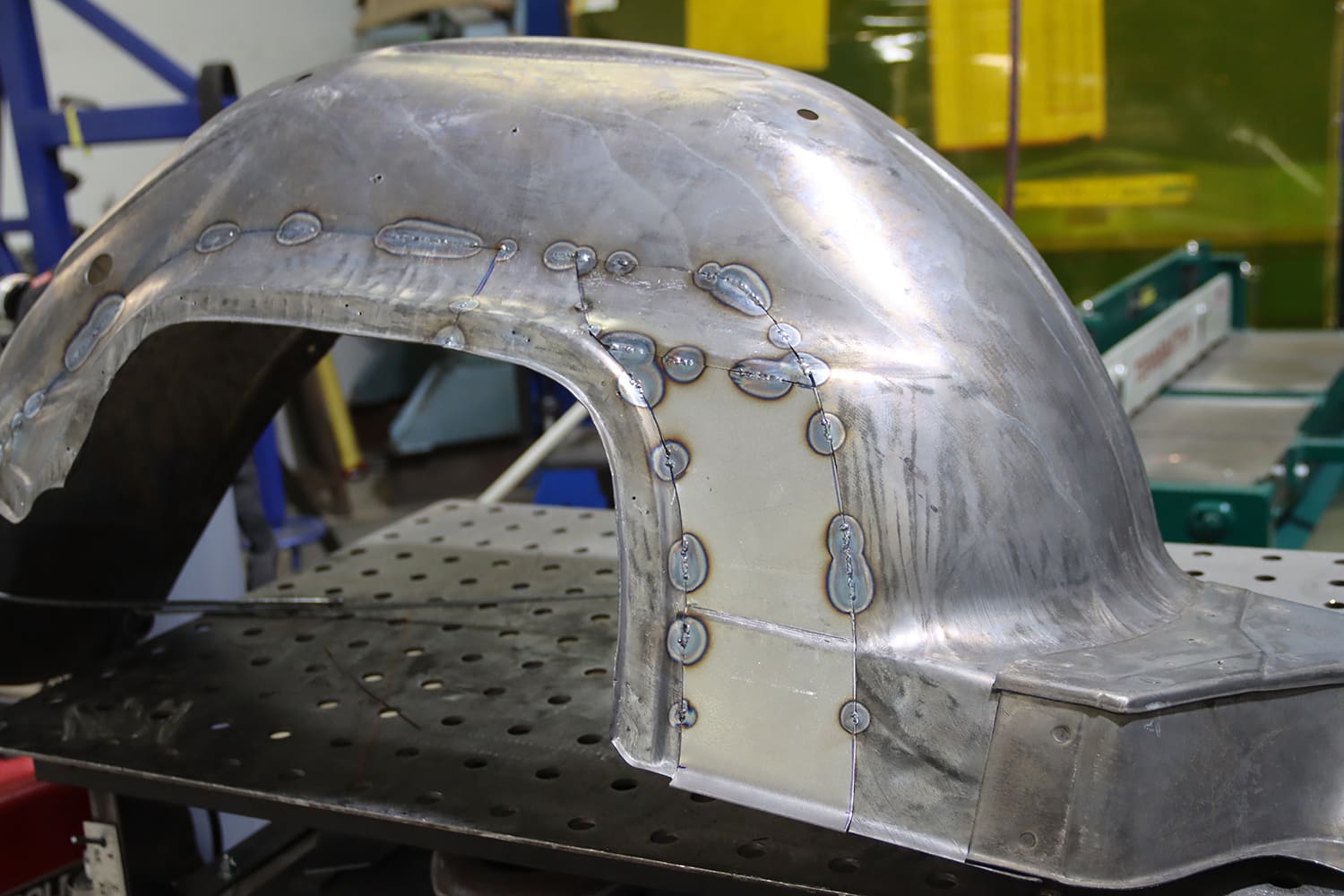 22 1967 Firebird mini tub fully tack welded in with plug welds and TIG seams along custom fabricated panel