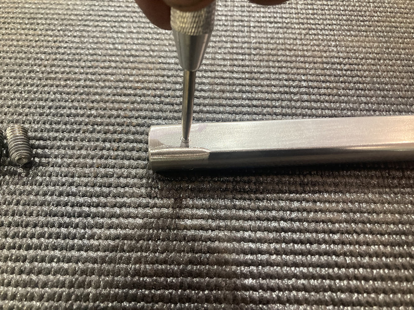 24 1964 Pontiac GTO center punching DD shaft for accurate drill location at U joint set screw