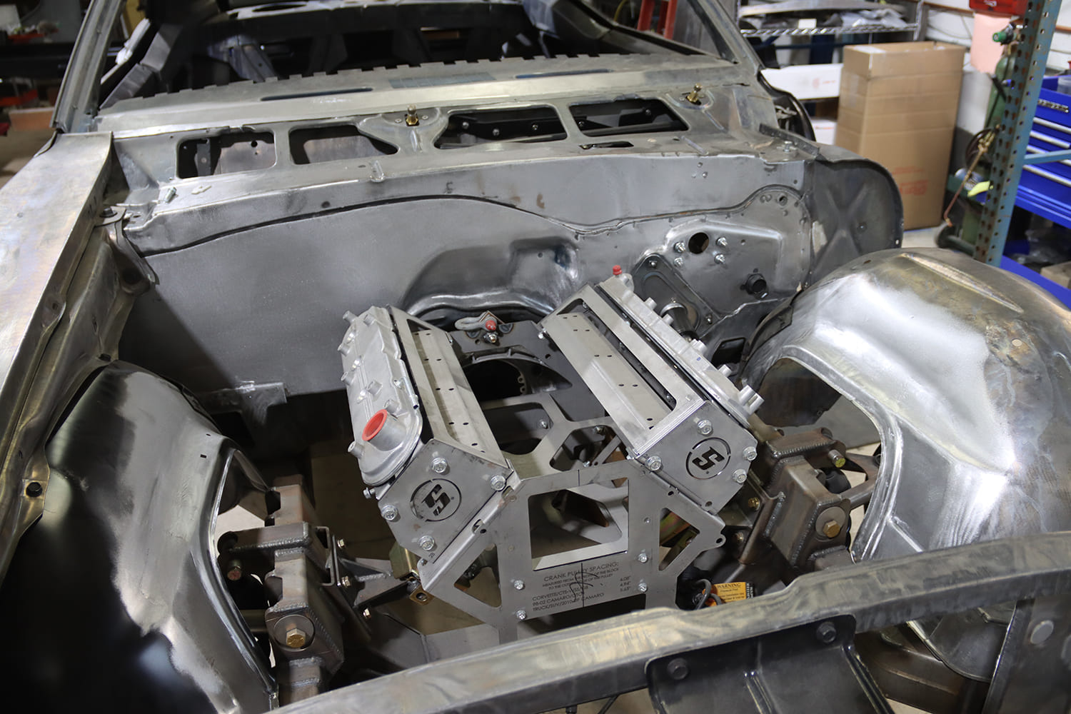 24 1967 Firebird bare engine bay with LS mockup block and full mini tubs for max clearance and fitment