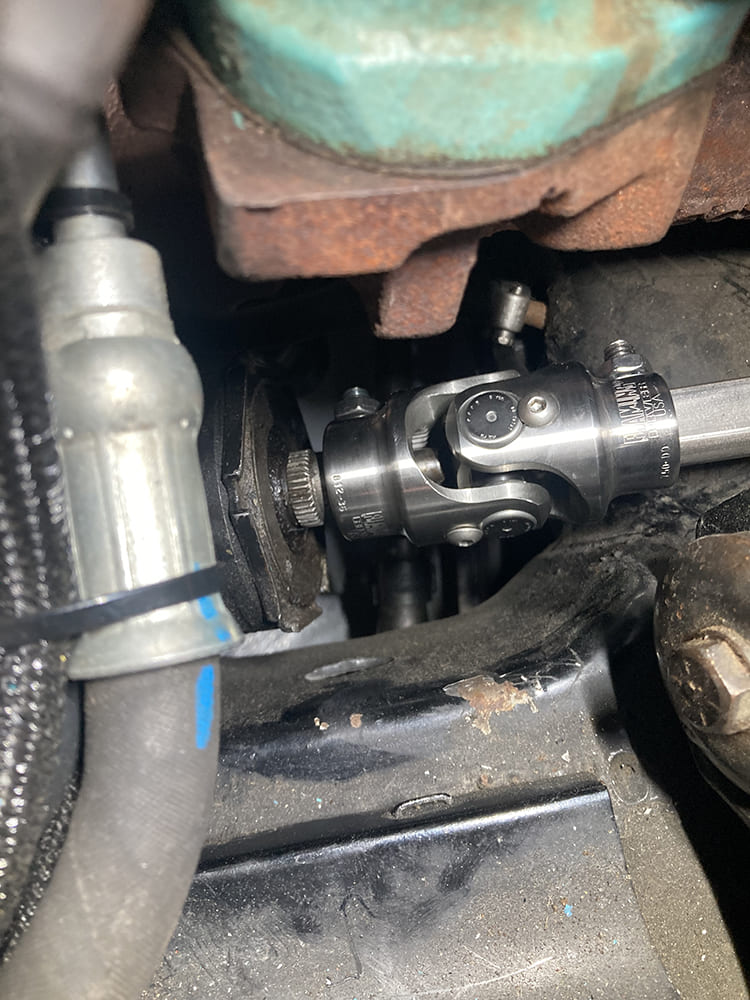 31 1964 Pontiac GTO Borgeson U joint installed at steering box with tight header and frame clearance