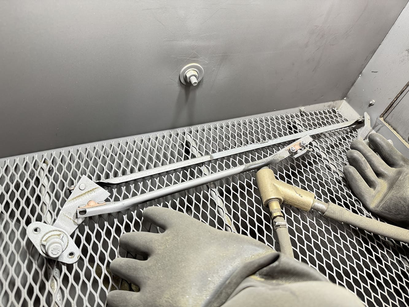 003 1971 Camaro wiper linkage parts inside blast cabinet for cleaning