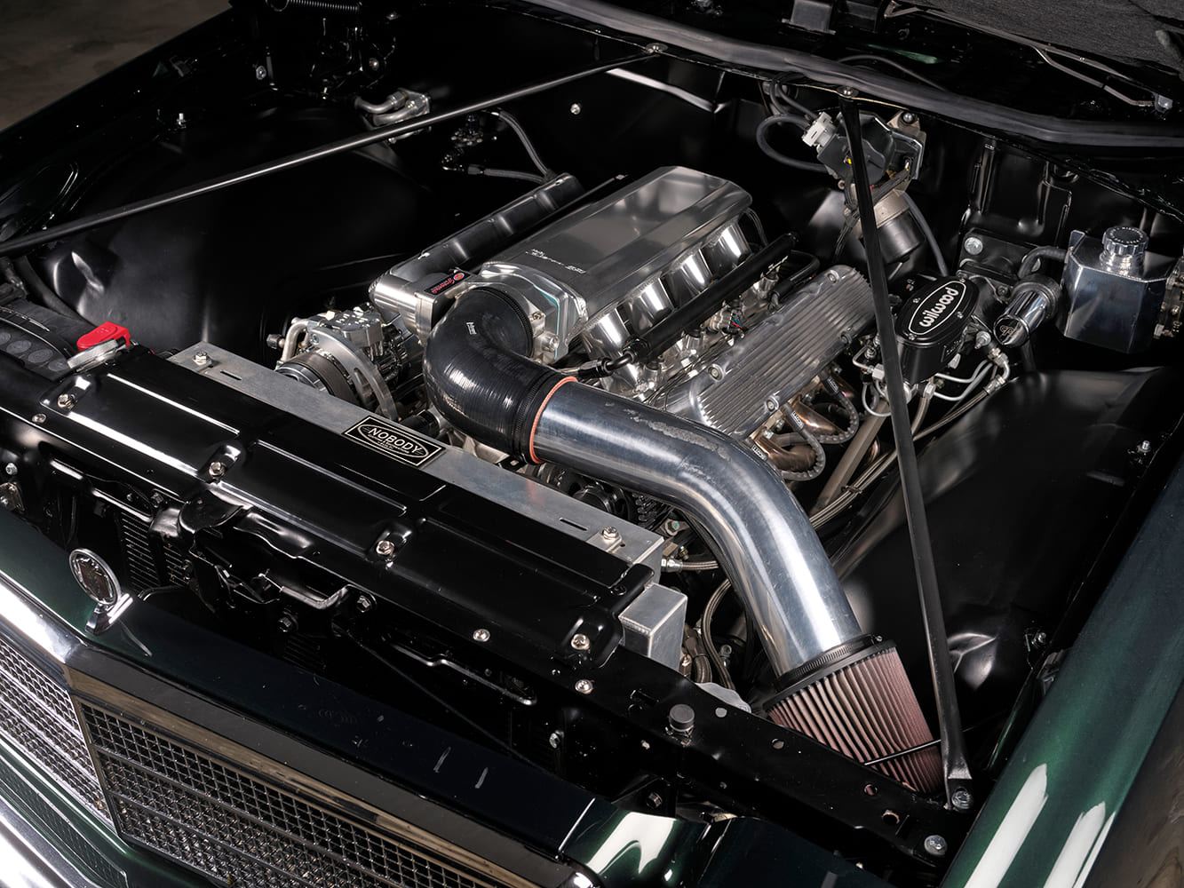 007 1977 Chevy Malibu engine bay Holley EFI Wilwood master