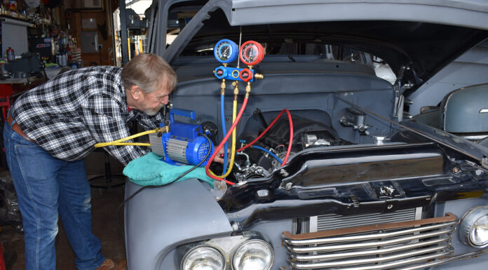 01 1951 Chevy AC vacuum pump manifold gauges Freon charge LS swap garage install