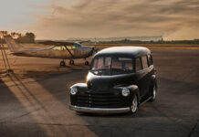 01 1952 Chevy Suburban black lowered 5 spoke silver wheels sunset airfield plane N32635