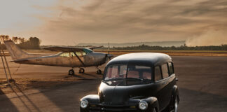 01 1952 Chevy Suburban black lowered 5 spoke silver wheels sunset airfield plane N32635