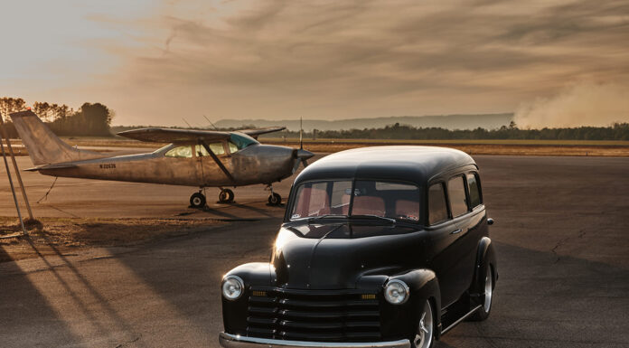 01 1952 Chevy Suburban black lowered 5 spoke silver wheels sunset airfield plane N32635