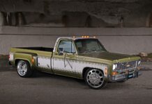 01 1976 Chevy C30 Cheyenne olivewhite lowered Rowdy Mess wheels