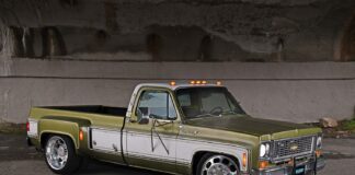 01 1976 Chevy C30 Cheyenne olivewhite lowered Rowdy Mess wheels