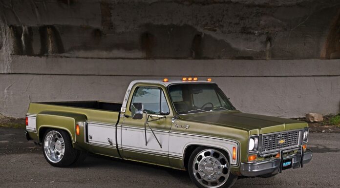 01 1976 Chevy C30 Cheyenne olivewhite lowered Rowdy Mess wheels