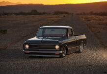 01 Black red 1972 Chevrolet C10 pickup truck gravel road sunset desert landscape mountains