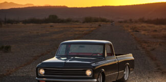 01 Black red 1972 Chevrolet C10 pickup truck gravel road sunset desert landscape mountains