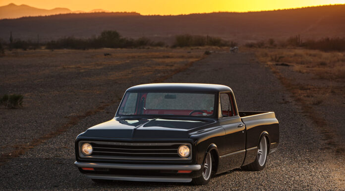 01 Black red 1972 Chevrolet C10 pickup truck gravel road sunset desert landscape mountains