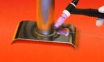 01 TIG torch with #5 pink cup tungsten on steel joint clean weld bead