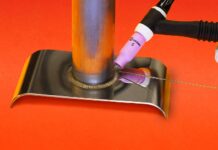 01 TIG torch with #5 pink cup tungsten on steel joint clean weld bead