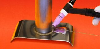 01 TIG torch with #5 pink cup tungsten on steel joint clean weld bead