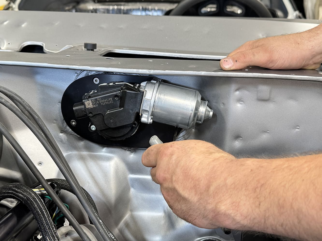 011 1971 Camaro new wiper motor installed firewall view wiring routed