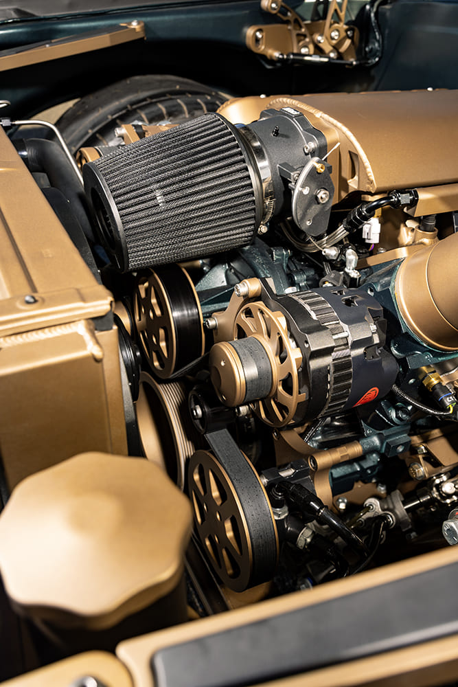 012 1972 Chevy Nova cold air intake custom gold serpentine pulley system