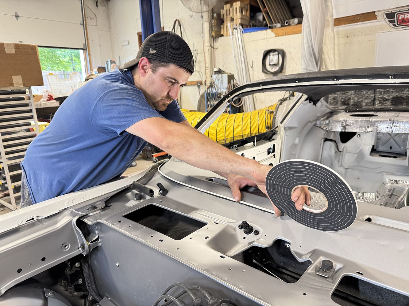 018 1971 Camaro applying weatherstrip foam tape cowl edge install
