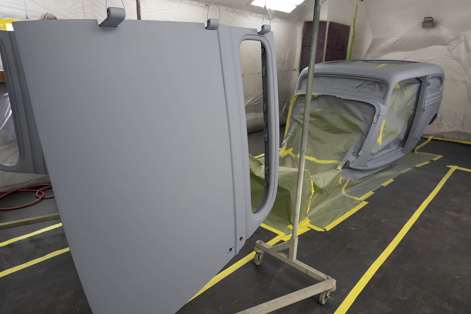 02 1930s Ford coupe body and door primed gray masked for custom painting