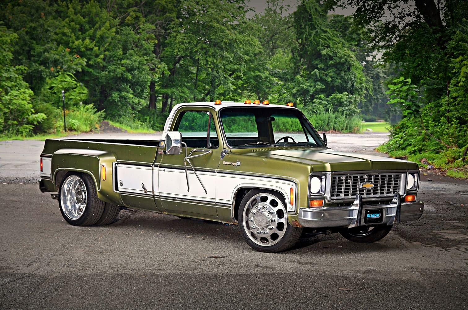 02 1976 Chevy C30 Cheyenne olivewhite cab markers BLUESKY PERFORMANCE plate