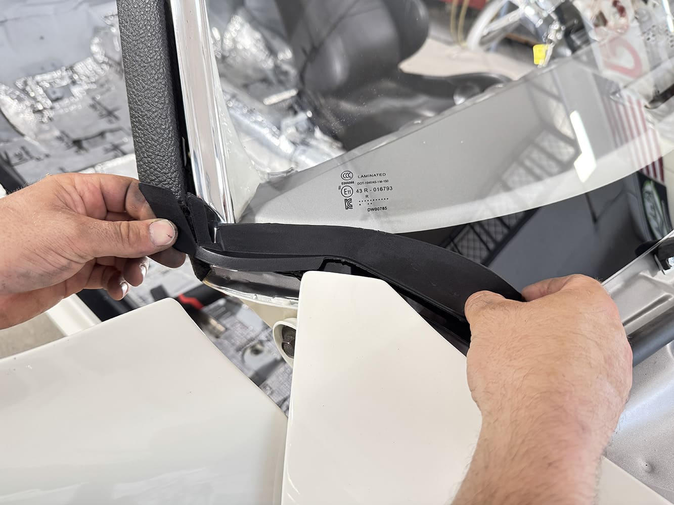 023 1971 Camaro lower windshield corner weatherstrip seal fitment close up