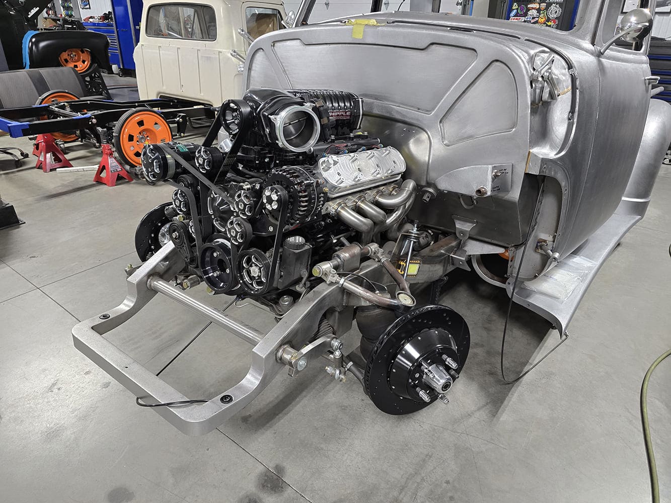 03 1951 Chevy LS3 Whipple supercharger mockup billet pulley drive system engine bay