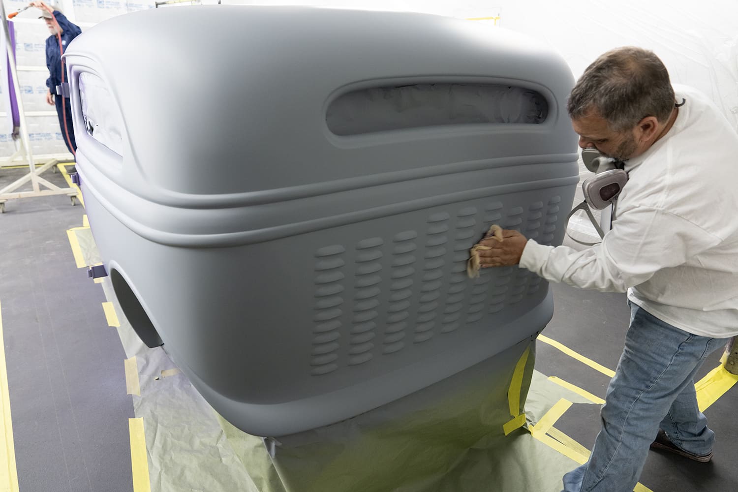 03 Technician prepping 1930s Ford coupe body for metallic paint application