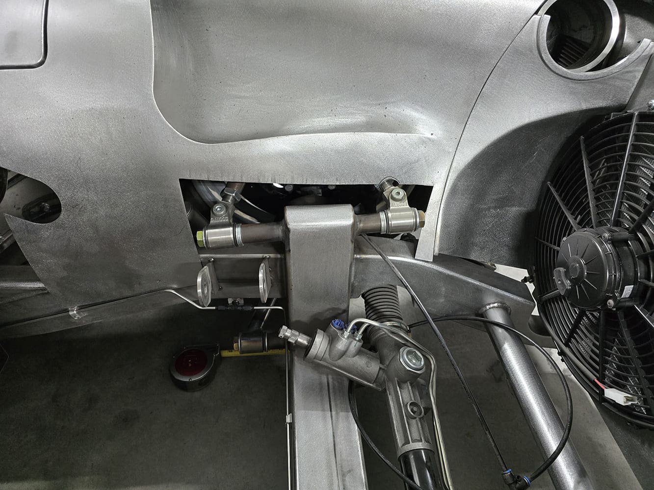 05 1951 Chevy power steering rack custom front suspension detail raw metal fan shroud