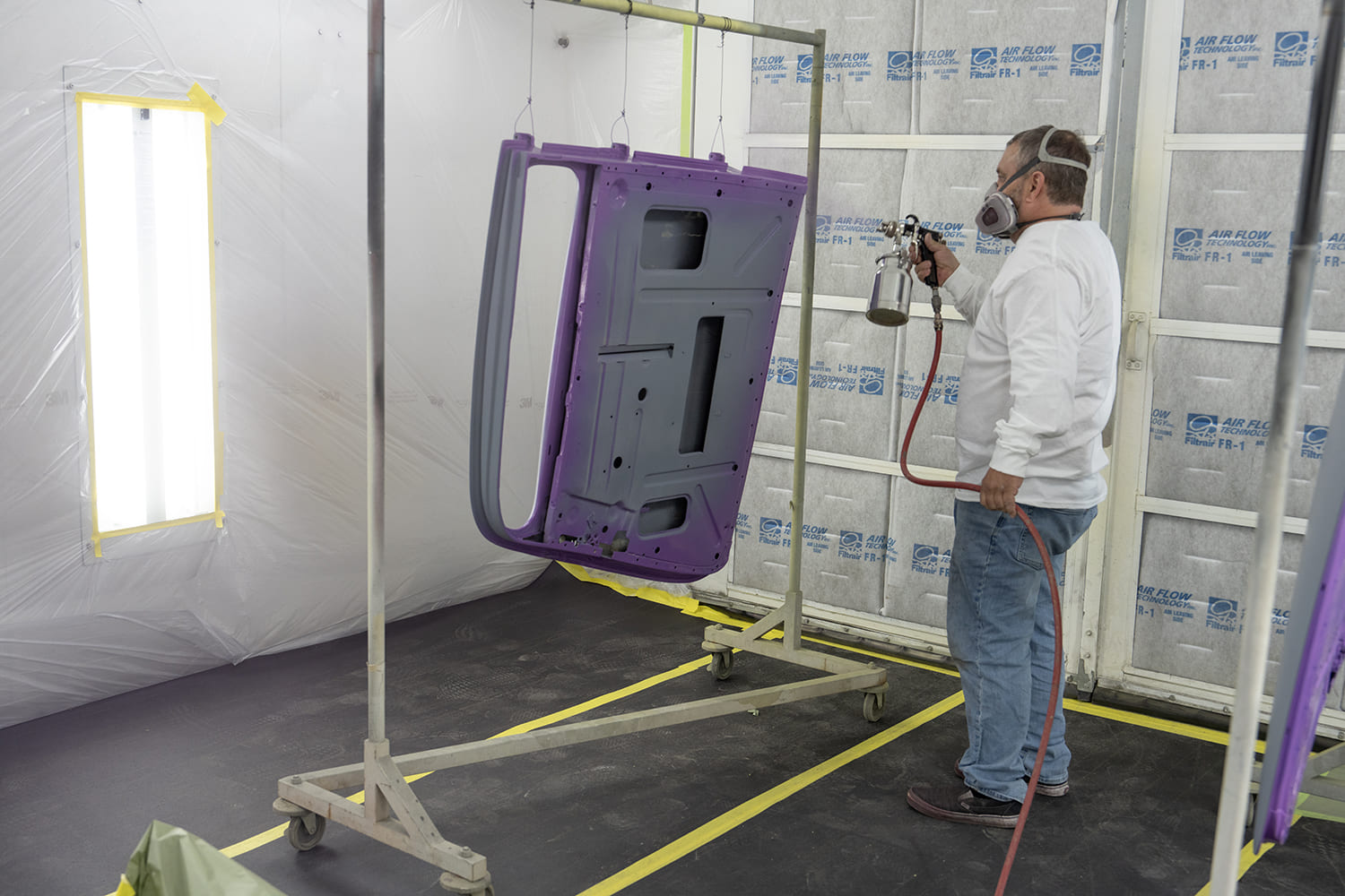 05 Spray painting interior of 1930s Ford coupe door with metallic purple finish