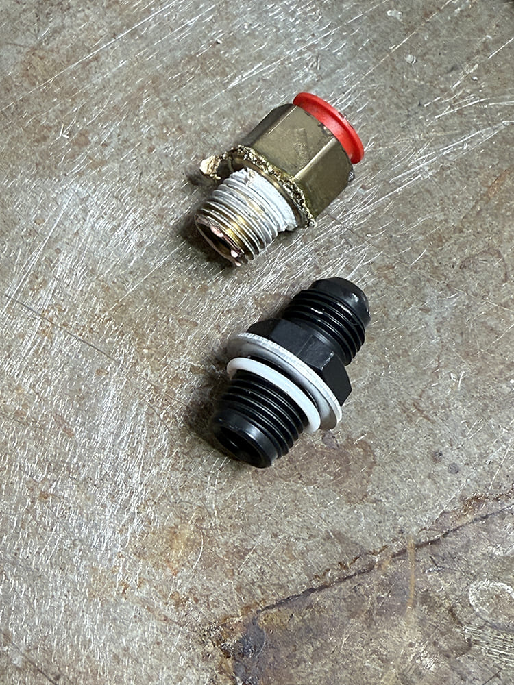 05 Transmission fittings comparison brass vs Pure Stealth black AN with seal