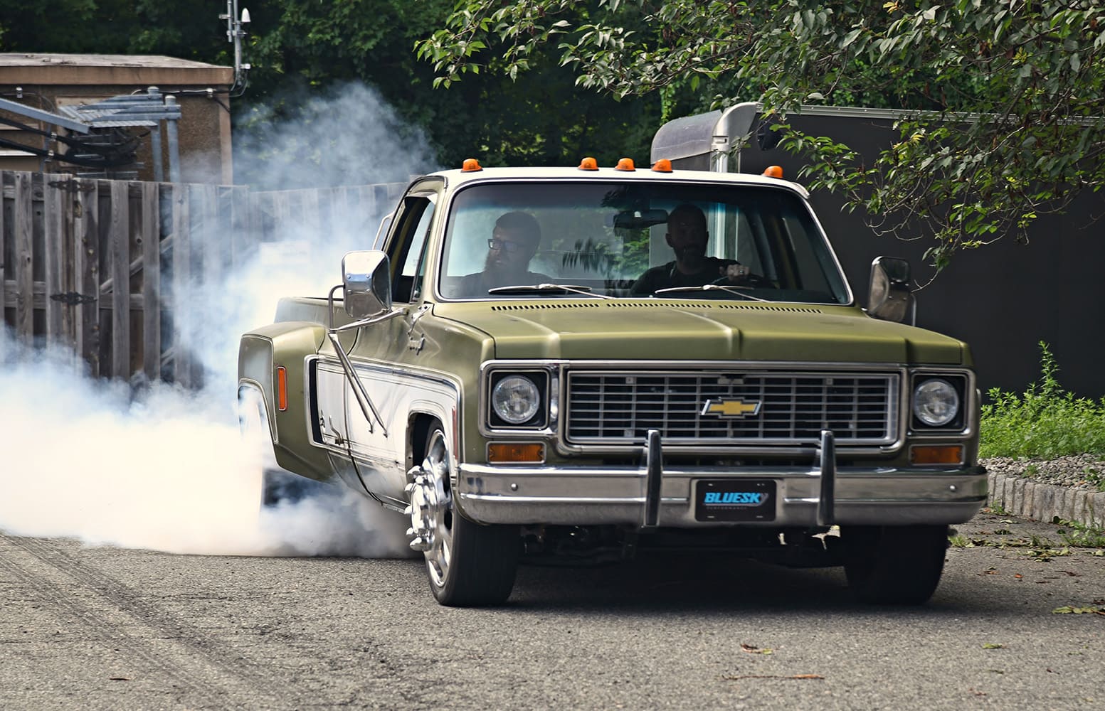 06 1976 Chevy C30 burnout tire smoke Rowdy Mess wheels BLUESKY plate