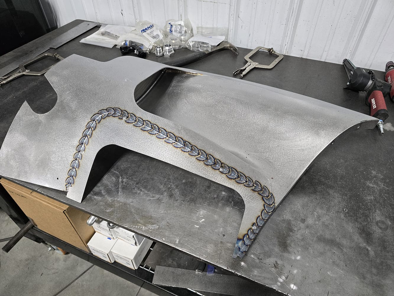 07 1951 Chevy bead rolled inner fender panel weld detail metalwork fabrication custom