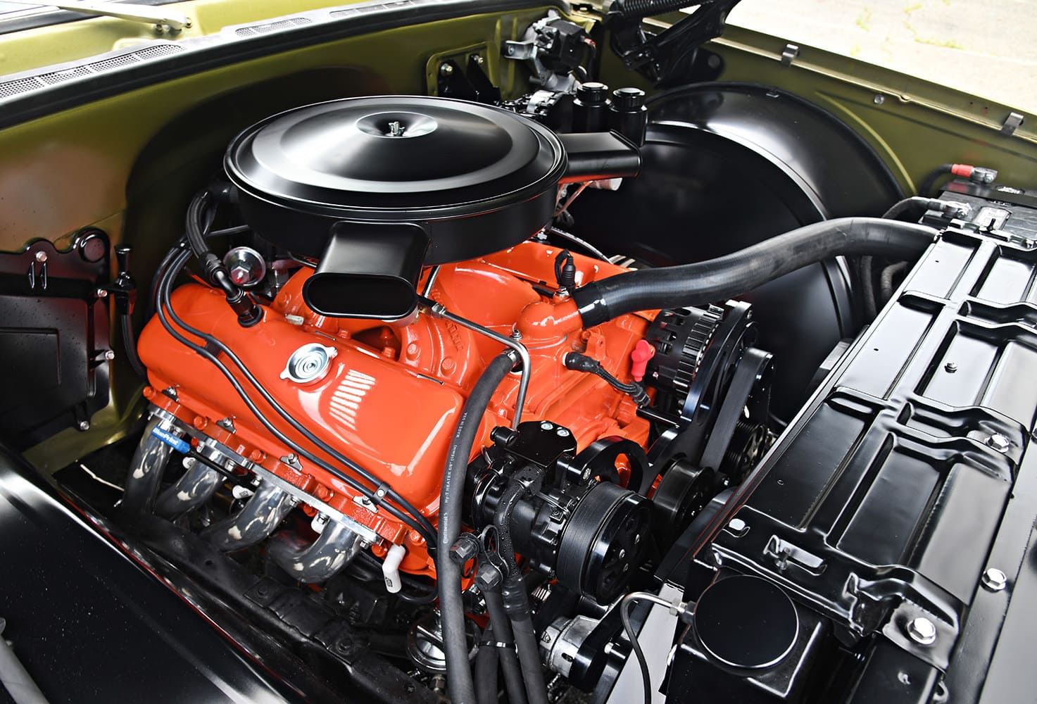 07 1976 Chevy C30 engine bay orange block round air cleaner headers