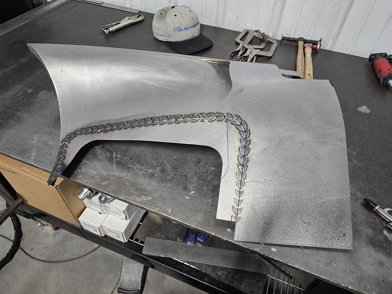 08 1951 Chevy TIG welded custom fender panel hot rod sheetmetal fab detail