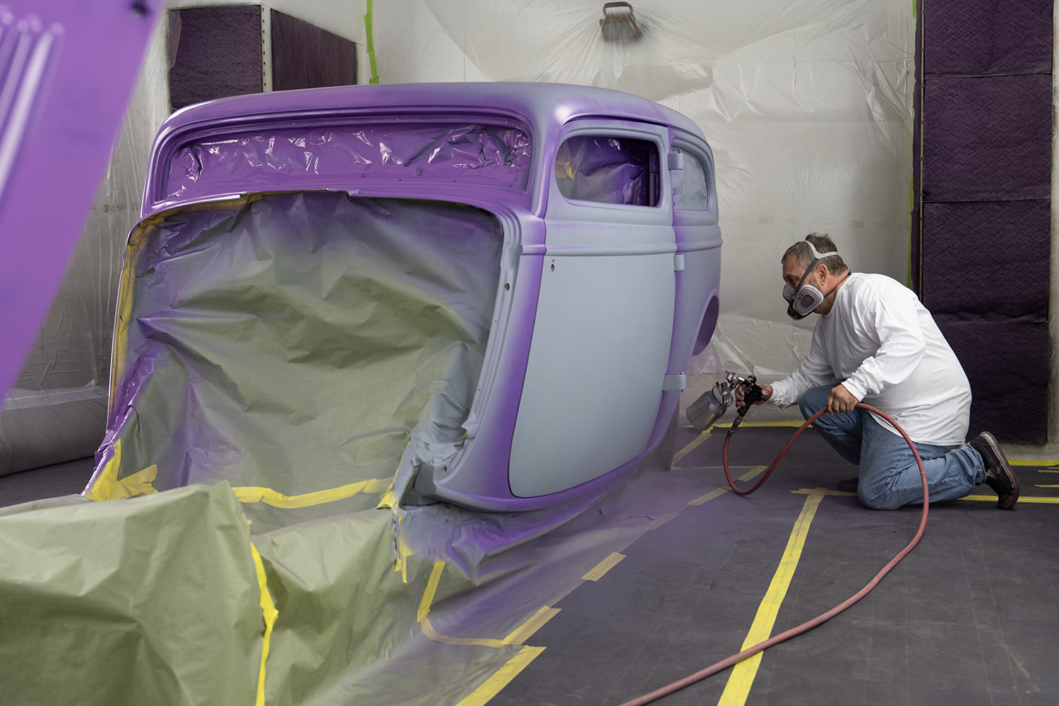 09 1930s Ford coupe door with fresh metallic purple flake paint drying process