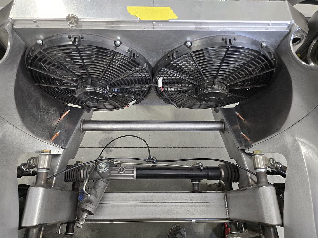 09 1951 Chevy dual electric radiator fans custom support bar raw metal build