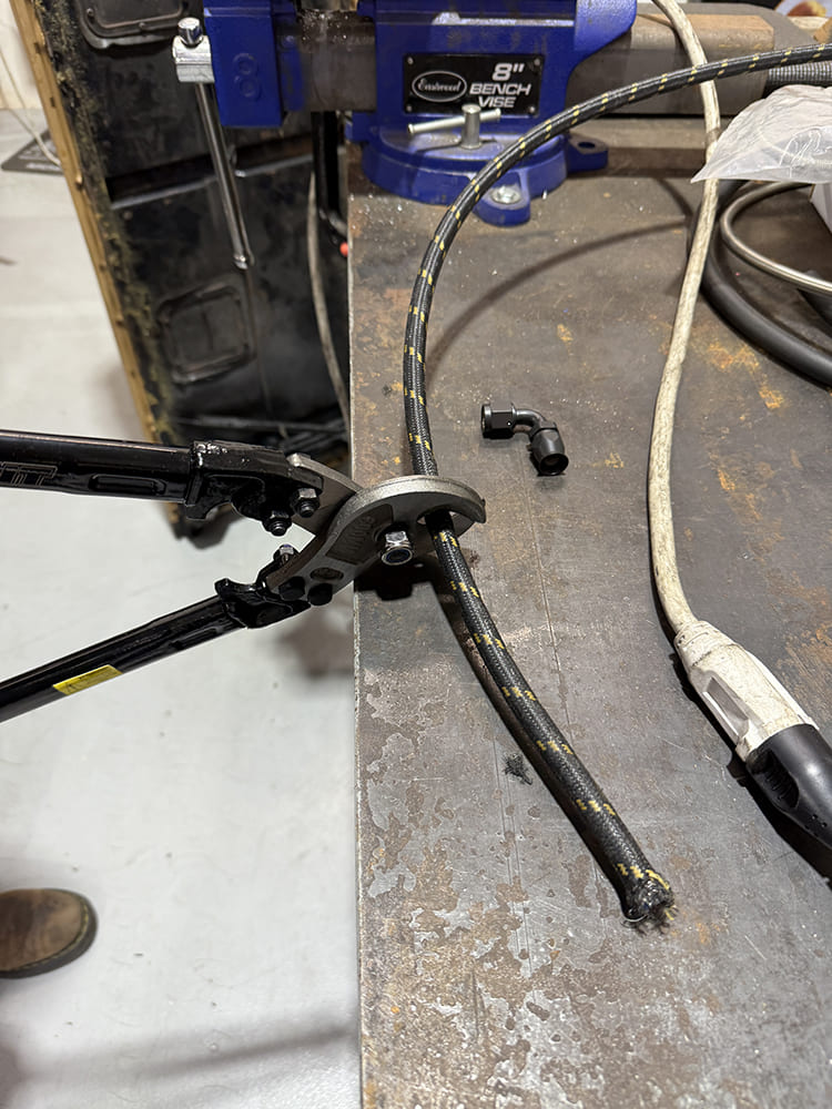 09 Pure Stealth braided line cut with crimper AN hose prep for fitting install