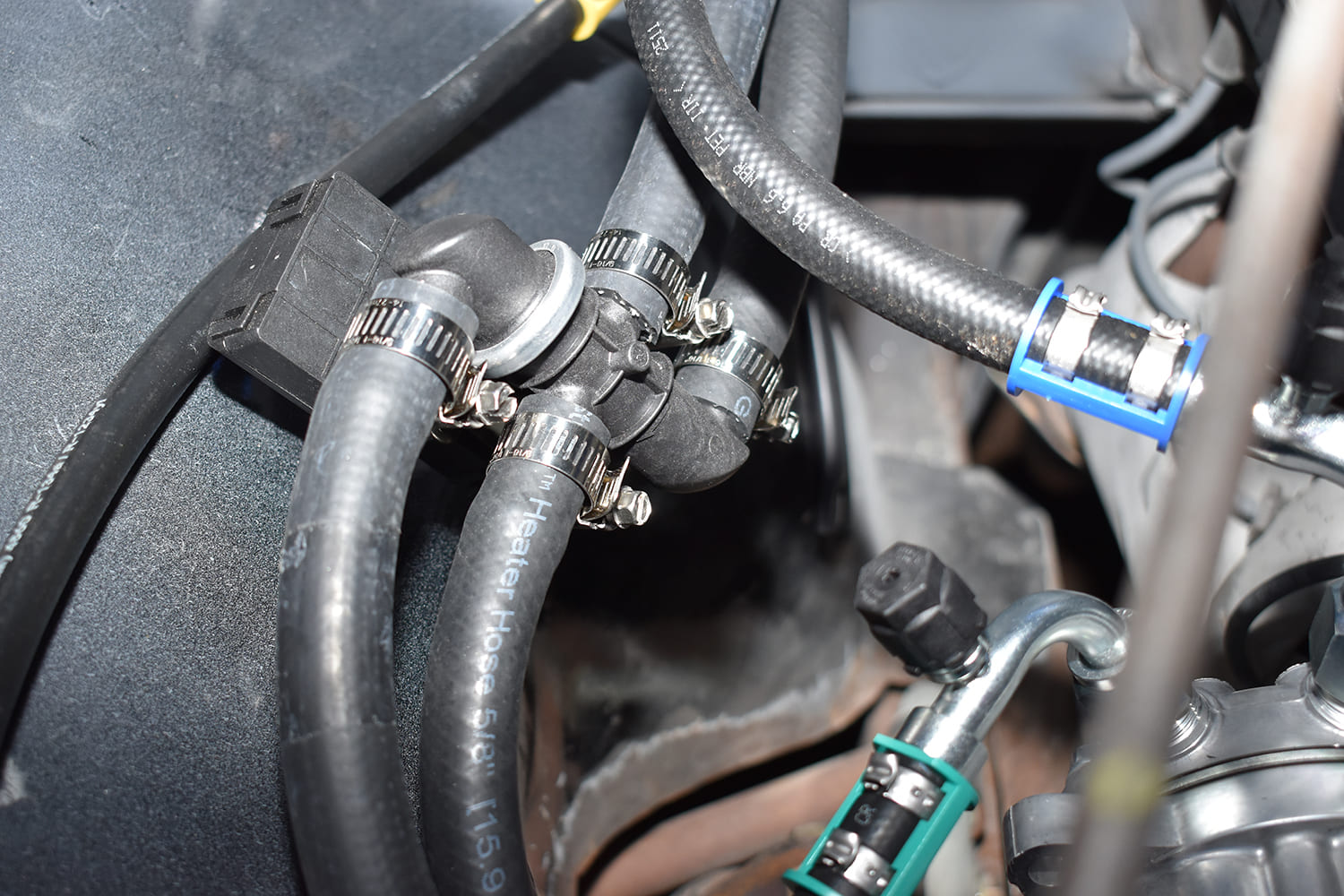 11 1951 Chevy AC heater hose shutoff valve hose clamp routing LS swap firewall