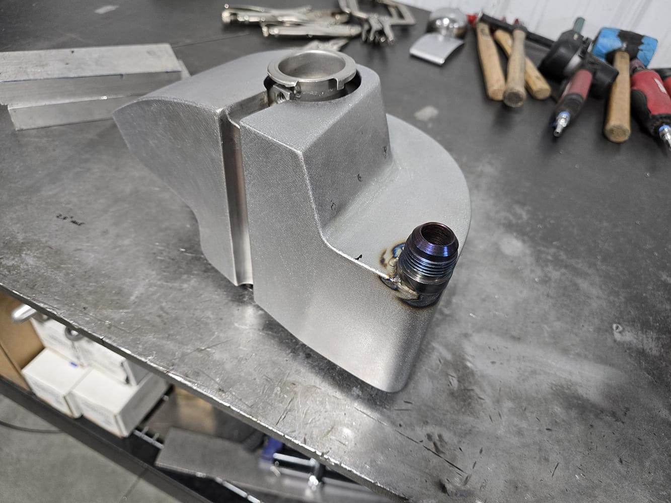 11 1951 Chevy custom coolant tank AN bung TIG weld raw aluminum fabricated