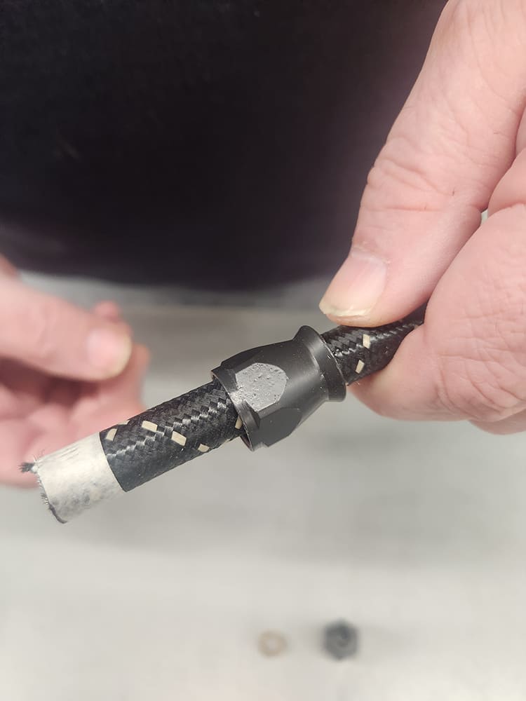 12 Braided hose sleeve mockup with tape and AN fitting collar test fit