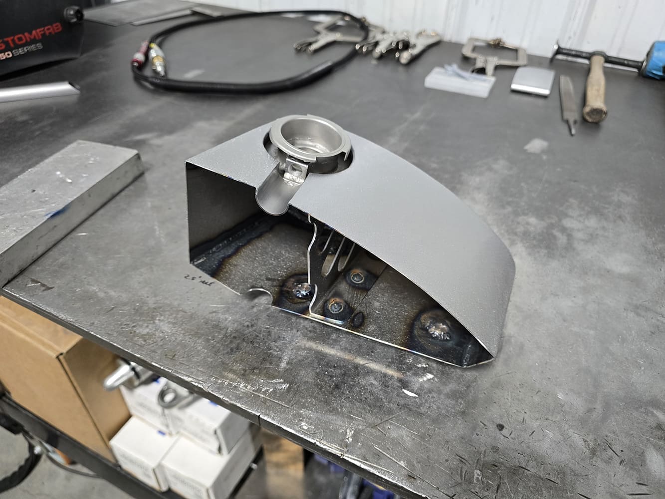 13 1951 Chevy fabricated filler neck mount internal bracket weld detail raw aluminum