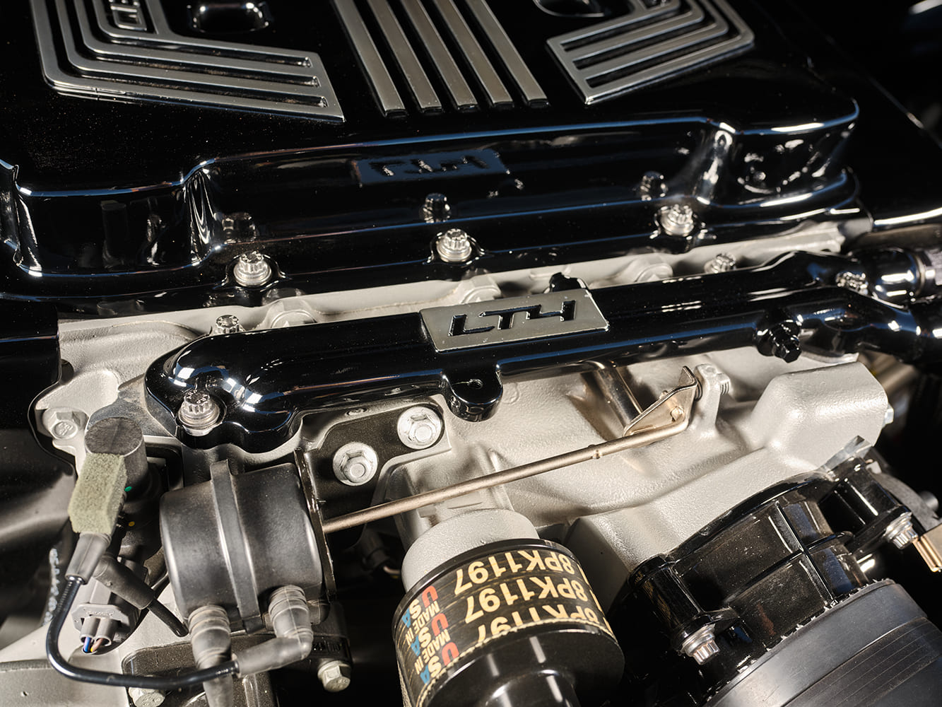 13 LT4 supercharged engine bay black chrome details Chevrolet C10 custom build