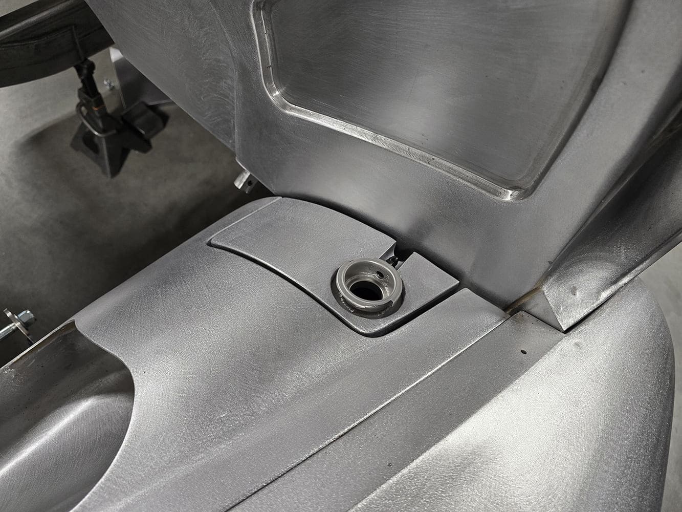 14 1951 Chevy recessed billet filler installed in sheetmetal near firewall inner fender