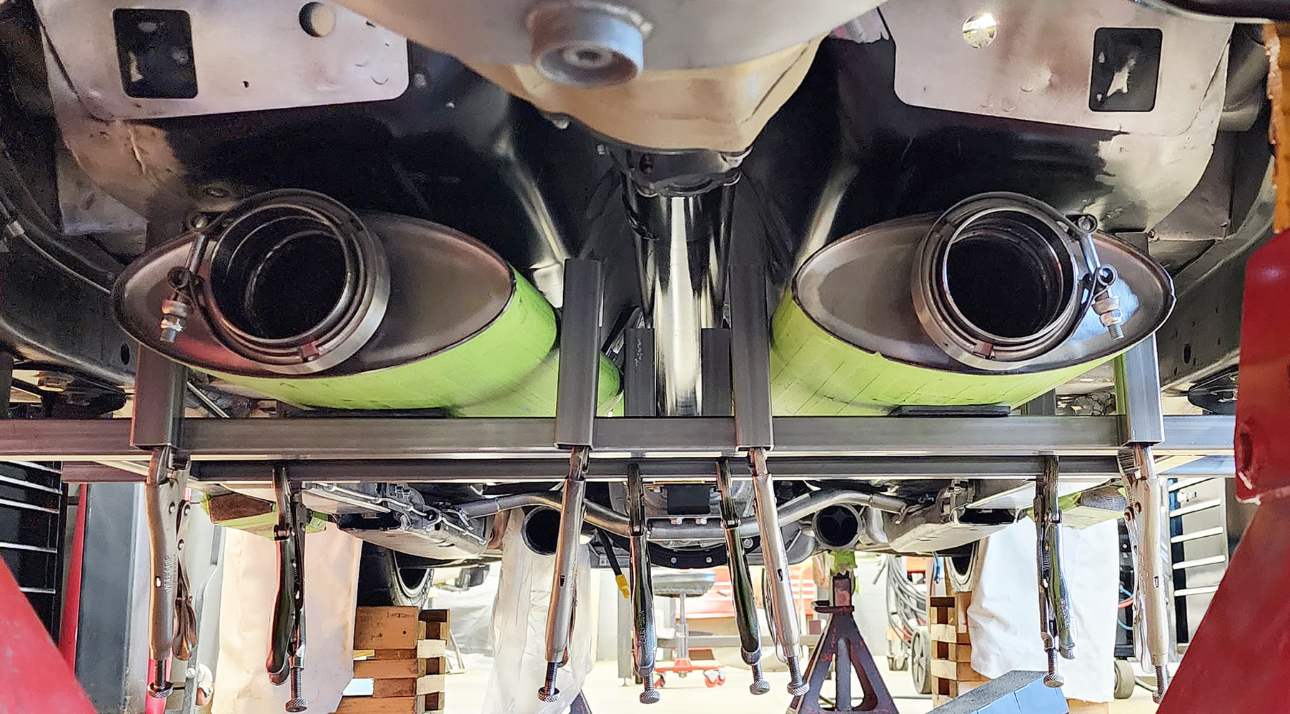 14 Under car dual muffler installation green tape protection V band clamps square support tubes