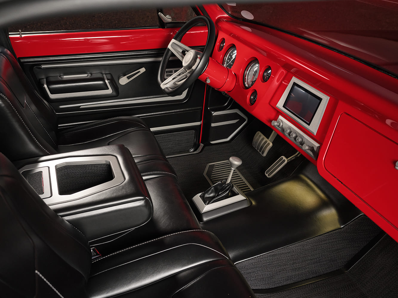 15 Custom C10 interior black bucket seats white stitching red dashboard gauges