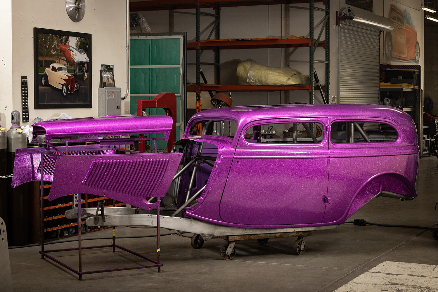 16 1934 Ford hot rod body and panels painted metallic purple flake restoration shop