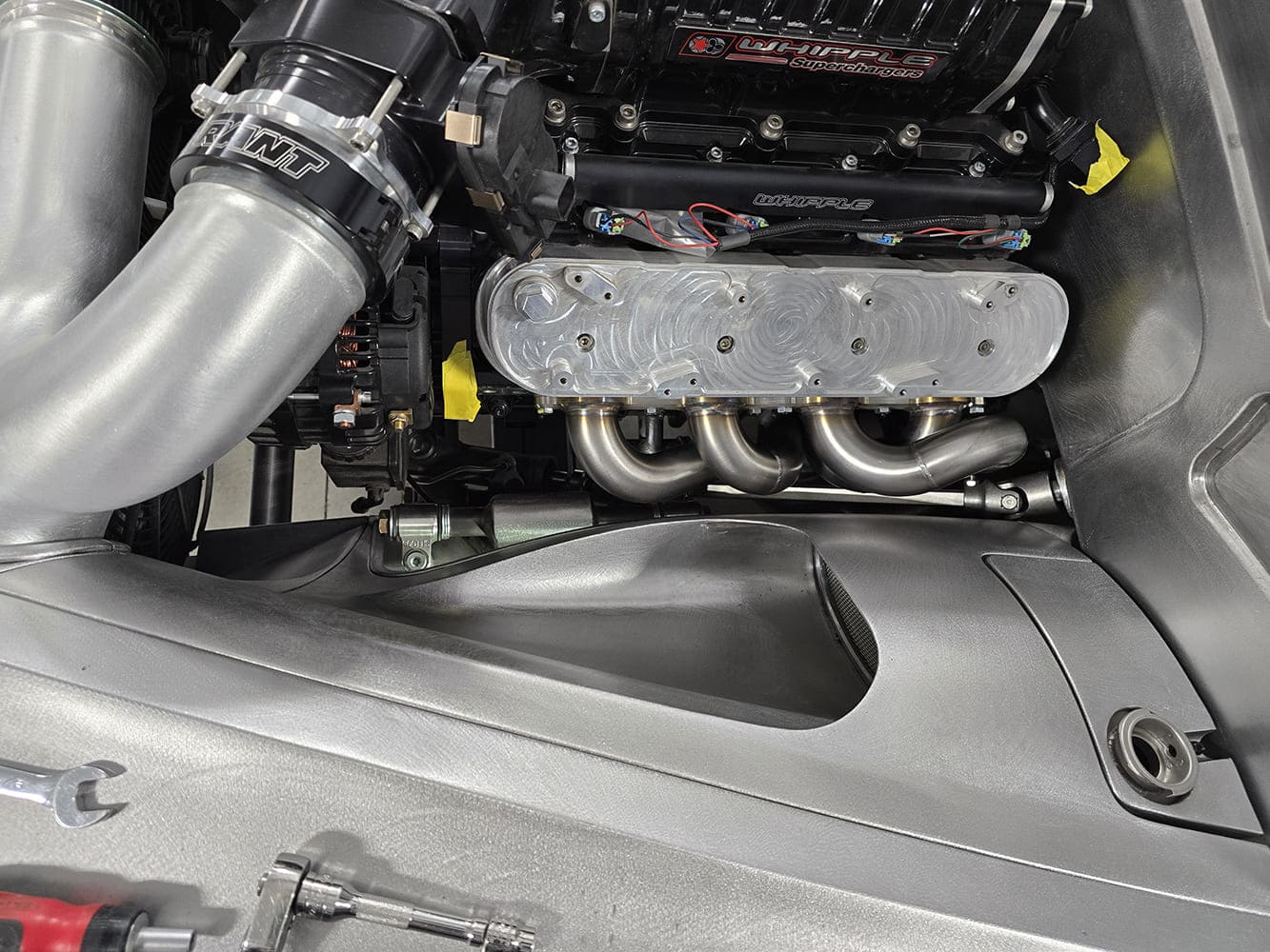 16 1951 Chevy Whipple LS3 install custom header fitment driver side engine bay